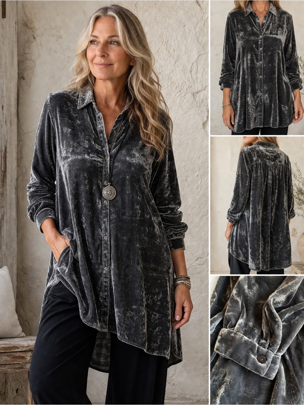Eileen Fisher Velvet Button Down Tunic Gray Black Long Sleeve Top Medium